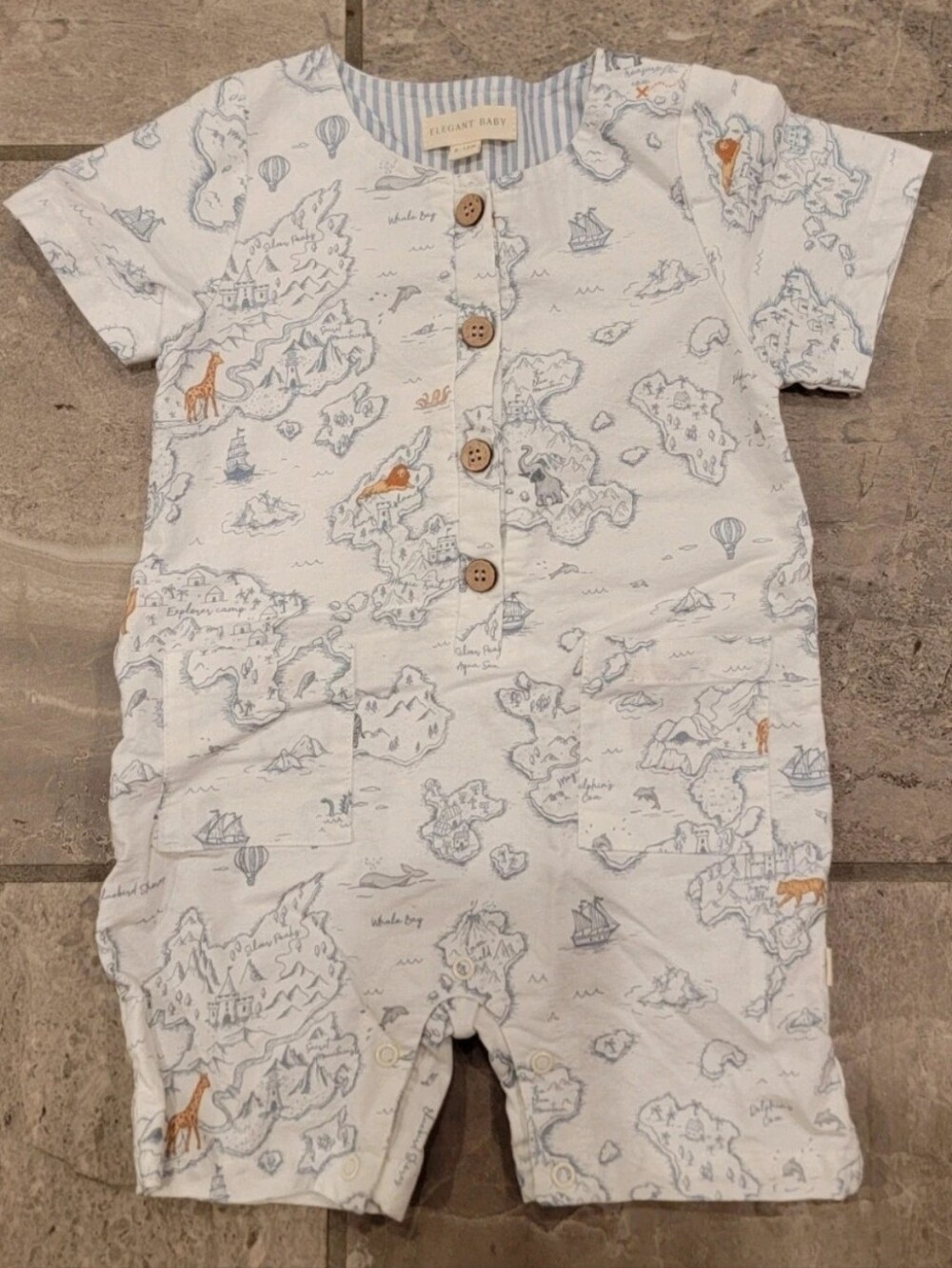 White & Light Blue Map-Print Baby One-Piece